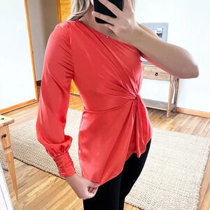 Cinq a Sept 100% Silk Satin Pink Coral One Shoulder Designer Formal Blouse S NWT